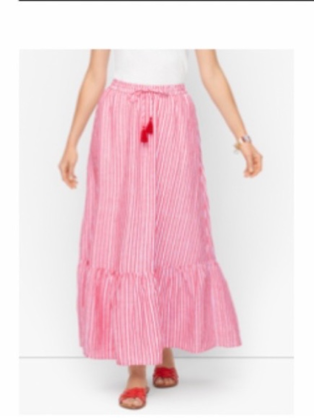 Talbots Red Pepper Multi Linen Stripe Tassel Tie Lined Maxi Skirt M-Petite